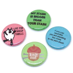 Sheep Thrills Knitting Pins, 1 inch Pin Back Badges, Yarn Stash, Set of 4, Knitting Button Set