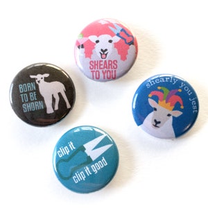 Sheep Shearing Buttons, 1 inch Pin Back Set, Shepherd Puns, Wool Badges, Set of 4