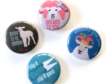 Sheep Shearing Buttons, 1 inch Pin Back Set, Shepherd Puns, Wool Badges, Set of 4