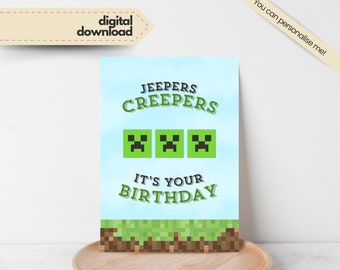 Creeper Printable Card, Block Game Birthday Theme, Instant Download