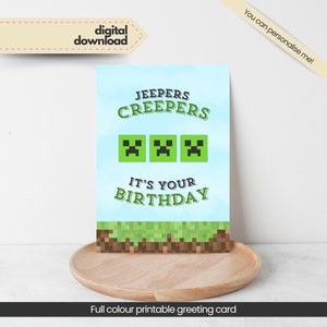 Tarjeta imprimible de Creeper, temática de cumpleaños de juego de bloques, descarga instantánea
