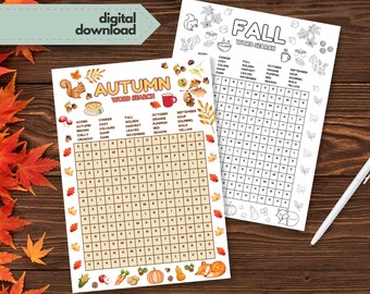 May include: Two printable word search puzzles with an autumn theme. One puzzle is titled "Autumn Word Search" and the other is titled "Fall Word Search". The puzzles feature fall-themed illustrations and a list of words to find.