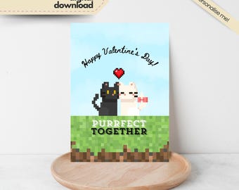 Purrfect Valentine's Day Printable Card, Block Game Valentine's Theme, Instant Download