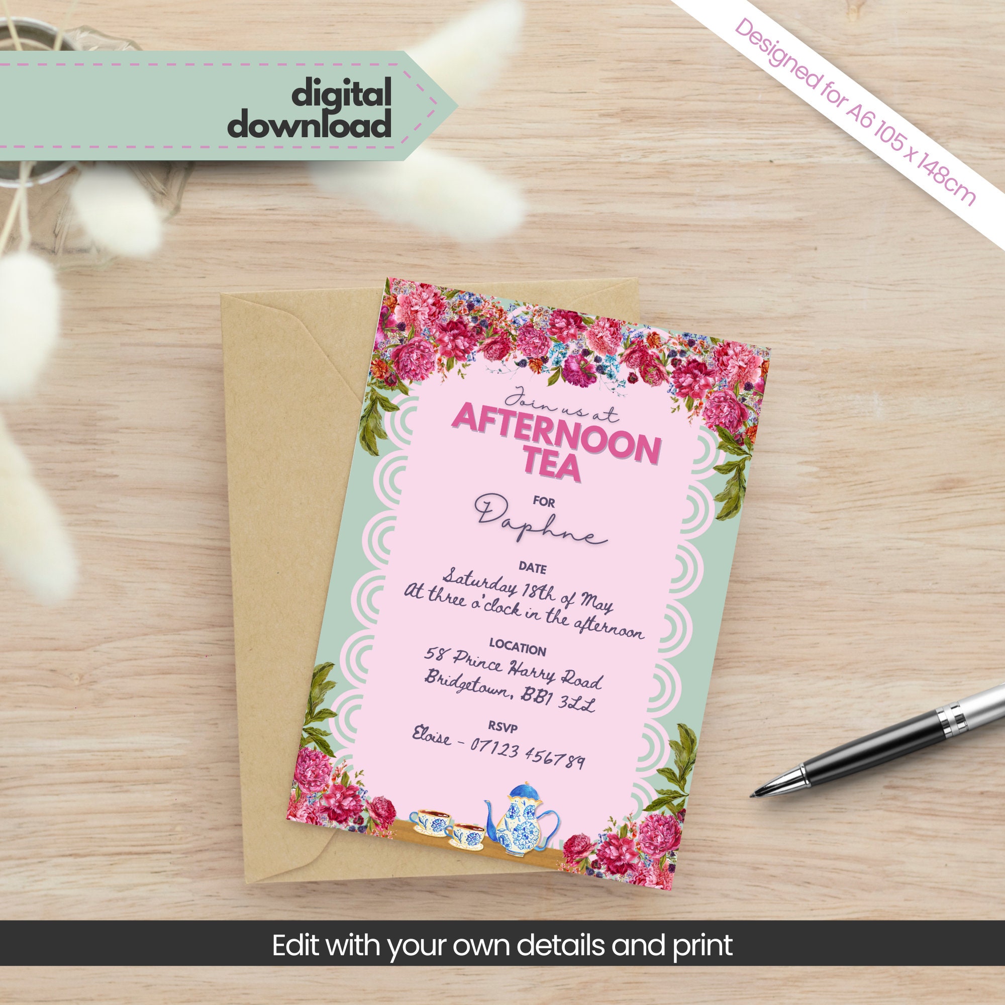 Bridgerton Printable Invitation Template, Editable Floral Invitation