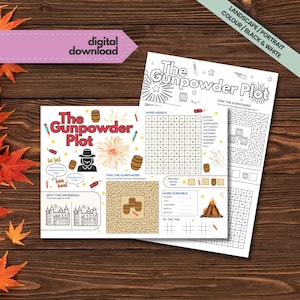 Op de afbeelding: Twee zwart-wit activiteitenbladen getiteld "The Gunpowder Plot" met woordzoekers, doolhoven en andere puzzels. De bladen liggen op een houten oppervlak met herfstbladeren en een roze "digitale download" banner.