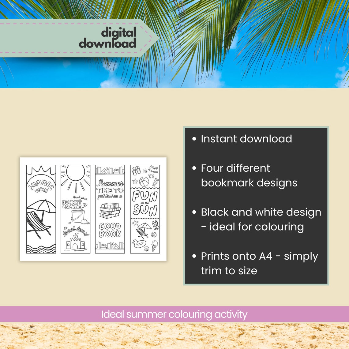 Printable Summer Coloring Bookmarks for Kids, DIY Instant Download ...