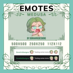 May include: A digital illustration of a cartoon Medusa with green hair and snakes, wearing glasses and a yellow top. The image is labelled "EMOTES MEDUSA" and "BY DORAHINSDESIGNS".