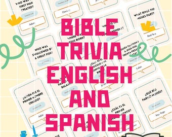 May include: A colorful set of Bible trivia cards in English and Spanish. The cards feature questions and answers about the Bible, with a mix of easy and challenging questions. The cards are perfect for a fun and educational game night.