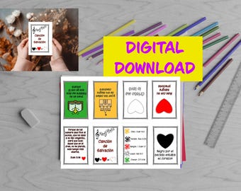 May include: A set of printable cards with Spanish text and illustrations. The cards feature a red heart, a black heart, a musical note, a book, and a cross. The text on the cards includes phrases like "Canción de Salvación" and "Negro por el pecado estaba mi corazón".