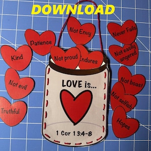 Atividades de artesanato bíblico para o dia dos namorados Versículo bíblico 1 Coríntios 13 DOWNLOAD INSTANTÂNEO Escola dominical em casa cartão para impressão da igreja