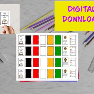 Op de afbeelding: Een vel kleurrijke kaarten met de tekst "The Wordless Book" en een kruissymbool. De kaarten zijn in zwart, rood, wit, geel en groen. De woorden "DIGITAL DOWNLOAD" staan in felroze op een gele achtergrond.