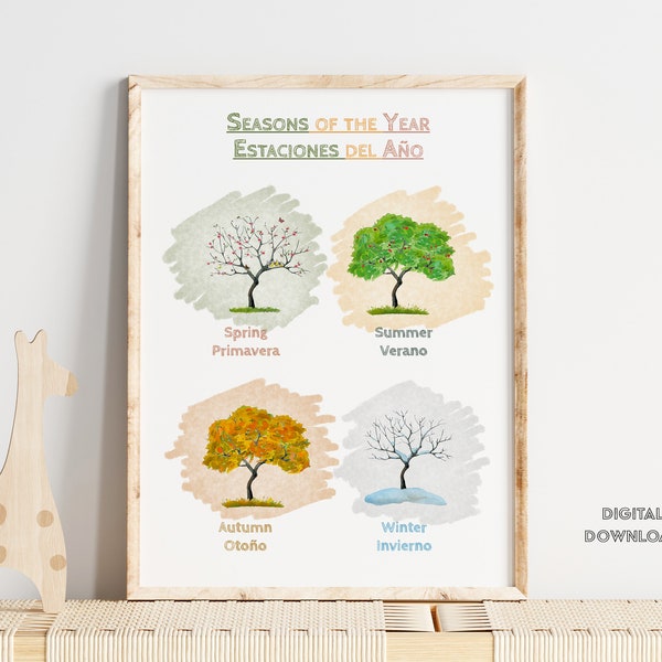 Estaciones del año Seasons of the year  English Spanish in soft boho earth tones for  nursery or learning homeschool classroom