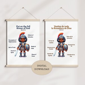 Armor of God poster cute girl Spanish English Bible verse Christian wall art for Room School Homeschool Decor Christian Kids Bible Lesson