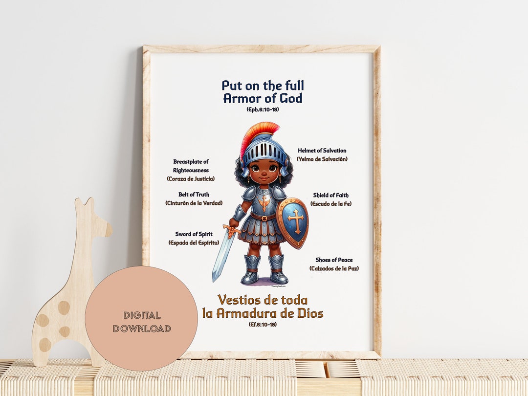Armor of God Poster Cute Girl Bilingual Bible Verse Wall Art for Room ...