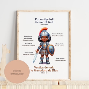 Armor of God poster cute girl bilingual Bible verse wall art for Room School Homeschool Decor Christian Kids Bible Lesson