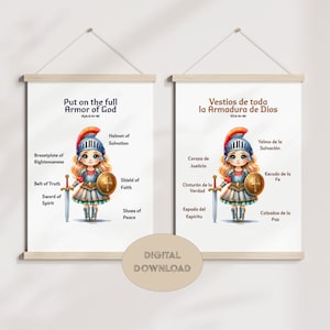 Armor of God poster cute blonde hair girl Spanish English Bible Christian wall art Room School Homeschool Decor Christian Kids Bible Lesson
