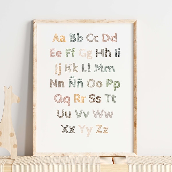 Spanish alphabet abecedario letters in soft boho earth tones to decorate a nursery or play area  homeschool classroom poster