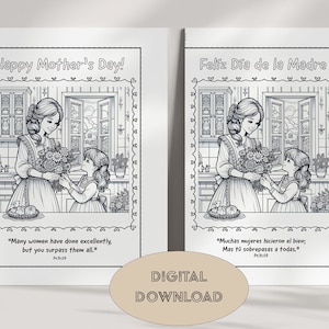 Moederdagkaart kleuren INSTANT DOWNLOAD schattig kind moeder bloemen Engelse en Spaanse kleuractiviteit Homeschool klas Bijbelvers