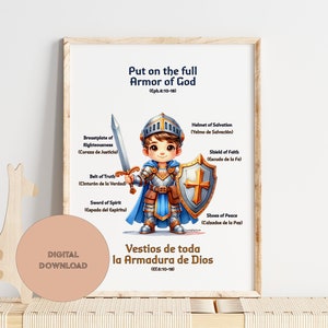Armor of God poster cute boy bilingual Bible verse wall art for Room School Homeschool Decor Christian Kids Bible Lesson