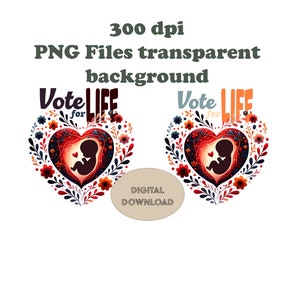 Puede incluir: Dos ilustraciones digitales de un corazón con un feto estilizado en su interior. El corazón está rodeado de flores y hojas. El texto "Vote for Life" está por encima del corazón.