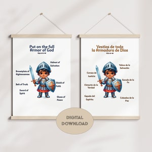 Armor of God poster cute boy Spanish English Bible verse Christian wall art for Room School Homeschool Decor Christian Kids Bible Lesson