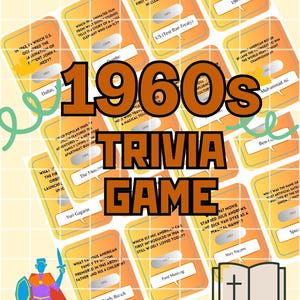 May include: A colorful trivia game board with 10 cards featuring questions about events from the 1960s. The cards are yellow and orange with a white border and black text. The game board is decorated with a green and yellow swirl design.