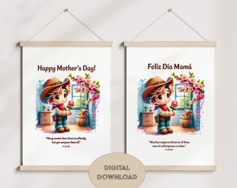 Proverbs 31 Bible Verse Poster crochet style Mother's Day Digital Download boy with Mom Flowers Spanish English Bible Christian wall art