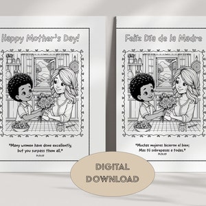 Moederdagkaart kleuren INSTANT DOWNLOAD schattig kind moeder bloemen Engelse en Spaanse kleuractiviteit Homeschool klas Bijbelvers