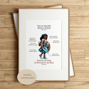 Teen's edition Armor of God poster gift for teen girl bilingual Bible wall art for Room School Homeschool Decor Christian Kids Bible Lesson