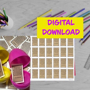 May include: Printable digital download of Bible verse cards. The cards are brown with white text and are arranged in a grid. The cards are shown next to two plastic Easter eggs, one yellow and one pink, each containing a card. The text on the yellow card reads "The Lord is your keeper; the Lord is your shade at your right hand."