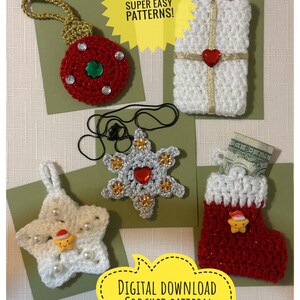 May include: A collection of handmade crochet Christmas ornaments, including a red ball, a white gift, a star, a snowflake, and a red stocking. The ornaments are displayed on green cards. Text reads: "BUNDLE 5 SUPER EASY PATTERNS!" and "DIGITAL DOWNLOAD CROCHET PATTERN".