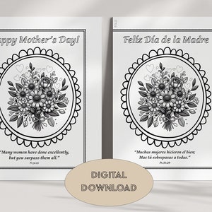 Colorare la scheda per la festa della mamma DOWNLOAD IMMEDIATO fiori Attività di colorazione in inglese e spagnolo Classe di homeschooling Versetto della Bibbia