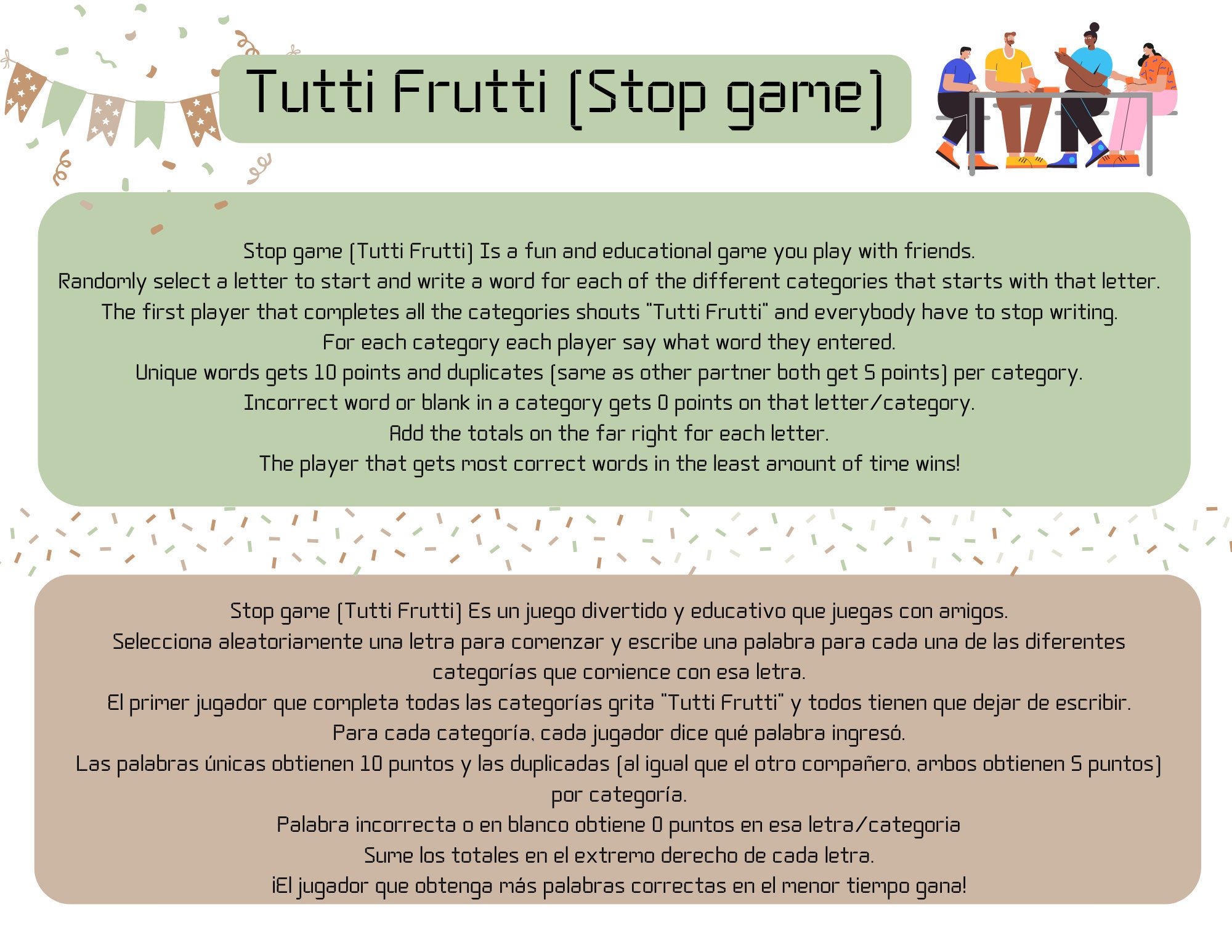 Tutti Frutti Stop Spiel – Mit Block & 4 Stiften, Für Schnelles Wortspiel Mit Freunden