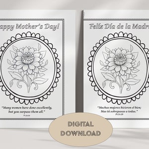 Colorare la scheda per la festa della mamma DOWNLOAD IMMEDIATO fiori Attività di colorazione in inglese e spagnolo Classe di homeschooling Versetto della Bibbia