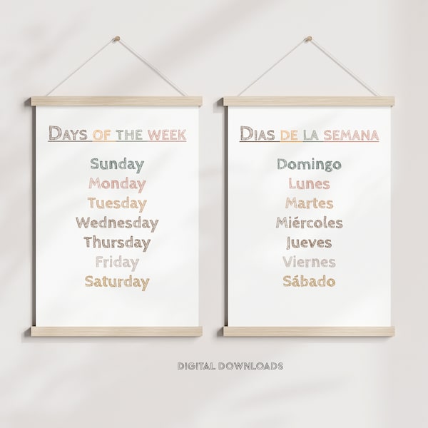 English and Spanish Days of the Week Dias de la semana in soft boho earth tones class room poster