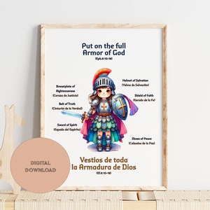 Armor of God poster cute girl bilingual Bible verse wall art for Room School Homeschool Decor Christian Kids Bible Lesson