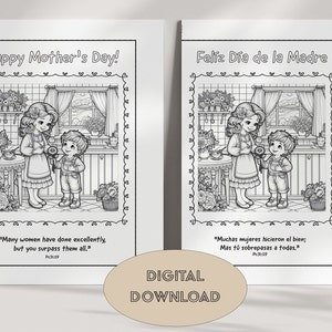 Moederdagkaart kleuren INSTANT DOWNLOAD schattig kind moeder bloemen Engelse en Spaanse kleuractiviteit Homeschool klas Bijbelvers