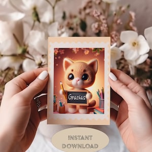 Cute Cat kitten Thank you card Gracias Card Spanish Card for Thank you Amigurumi style Instant Download Printable Teachers gracias