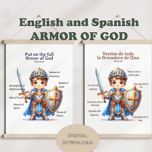 Armor of God poster cute boy Spanish English Bible verse Christian wall art for Room School Homeschool Decor Christian Kids Bible Lesson