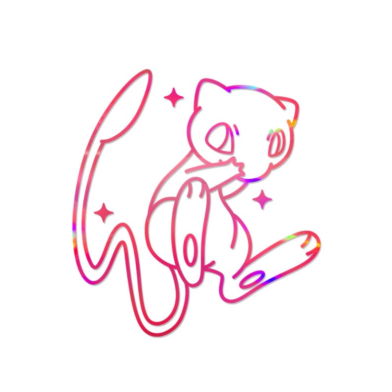 May include: A pink and white outline illustration of a cartoon cat-like creature with a long tail and star accents. The creature is in a seated position, with its paw near its mouth.