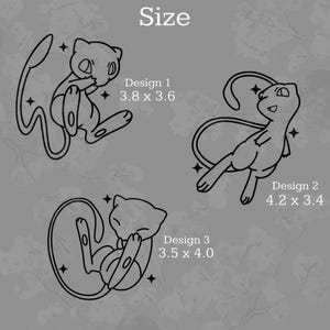 May include: Black line art designs of a cartoon character in three different poses. The text "Size" is at the top. Design 1 measures 3.8 x 3.6 inches, Design 2 is 4.2 x 3.4 inches, and Design 3 is 3.5 x 4.0 inches.