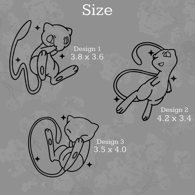 May include: Black line art designs of a cartoon character in three different poses. The text "Size" is at the top. Design 1 measures 3.8 x 3.6 inches, Design 2 is 4.2 x 3.4 inches, and Design 3 is 3.5 x 4.0 inches.