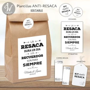 Puede incluir: Una bolsa de papel marrón con una etiqueta blanca que dice "La Resaca Dura Un Dia Los Recuerdos Son Para Siempre" con la fecha "03.04.23" y los nombres "Martin & Luana". Hay dos pegatinas redondas en la bolsa que dicen "Kit Anti Resaca". También hay pegatinas con el mismo texto sobre un fondo blanco con texto negro. Hay una etiqueta blanca que dice "Kit Anti Resaca".
