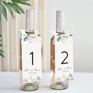 Plantilla de Etiqueta de vino, numero de mesa de boda, Tag para botella, editable Canva para bodas/cumpleaños/eventos/fiestas Flores blancas