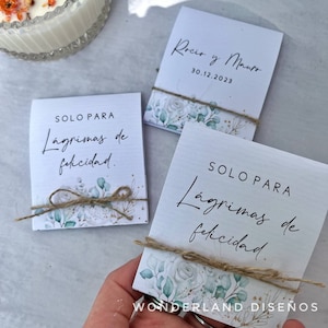 Plantilla imprimible de pañuelitos personalizados, Lagrimas de felicidad, editable en Canva para bodas/cumpleaños/eventos - Flores blancas