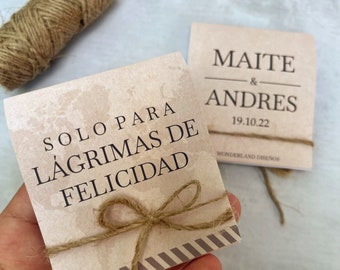 Plantilla imprimible de pañuelitos personalizados, Lagrimas de felicidad, editable en Canva para bodas/cumpleaños/eventos/fiestas Mapamundi