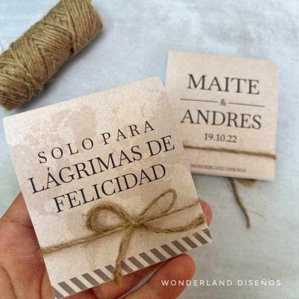 Plantilla imprimible de pañuelitos personalizados, Lagrimas de felicidad, editable en Canva para bodas/cumpleaños/eventos/fiestas Mapamundi