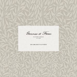 May include: A seamless pattern design with a repeating botanical motif of stylized leaves in shades of grey and white. The design includes a white rectangular label with the text "Gemmas et Flores" and "Seamless Pattern".