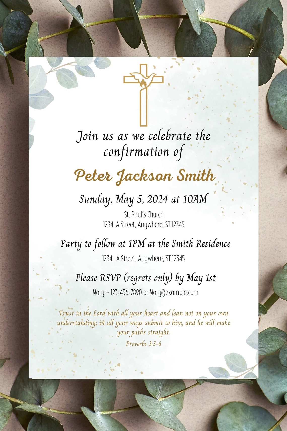 Greenery Watercolor Confirmation Invitation Template (digital Download ...