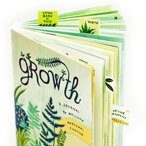 May include: A green and yellow journal with the word "growth" in a large, stylized font. The cover features illustrations of plants and the text "A journal to welcome personal change". The journal is by Susie Chahretmani and is titled "GROWTH goal setting journal boygirlparty&reg;".